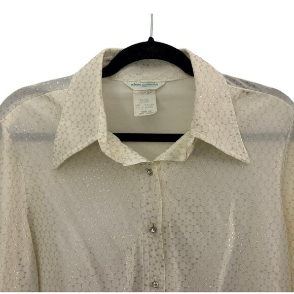 Alex Colman Vintage Blouse White Metallic Thread Rhinestone Buttons Tag=16 - Picture 4 of 8
